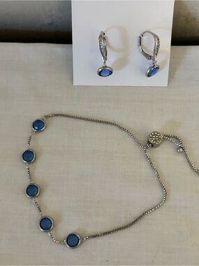 VTG IBB Rhodium Plated Earrings & Bracelet Set-Blue Faceted Crystals & Pave